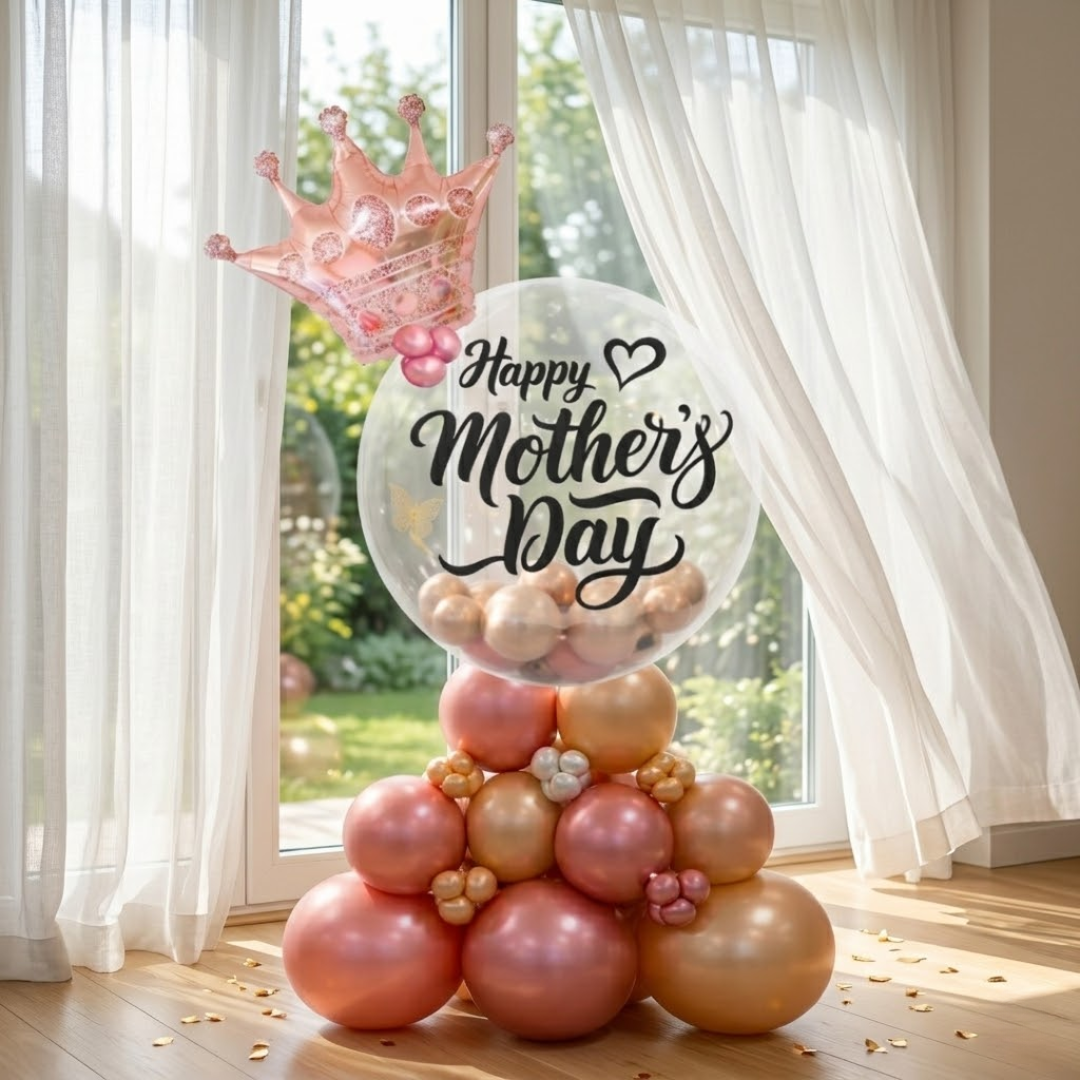 Fancy Mother's Day Air Filled Balloon Bouqet Arrangement with Rose Gold Crown