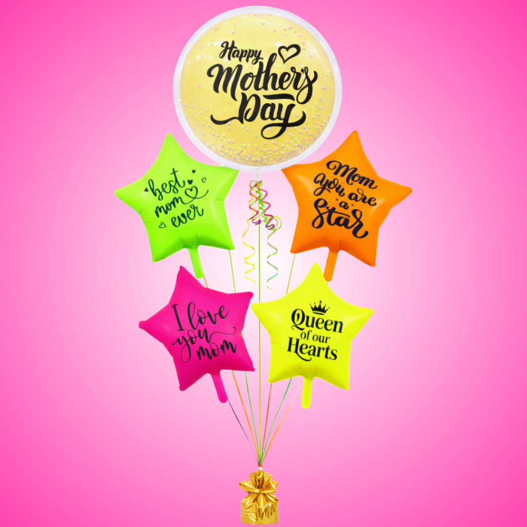Happy Mother's Day Round Large Helium Fillled Ballon Bouquet Arrnagement with special messages printed on UV/Neon Star Ballloons