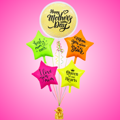 Happy Mother's Day Round Large Helium Fillled Ballon Bouquet Arrnagement with special messages printed on UV/Neon Star Ballloons