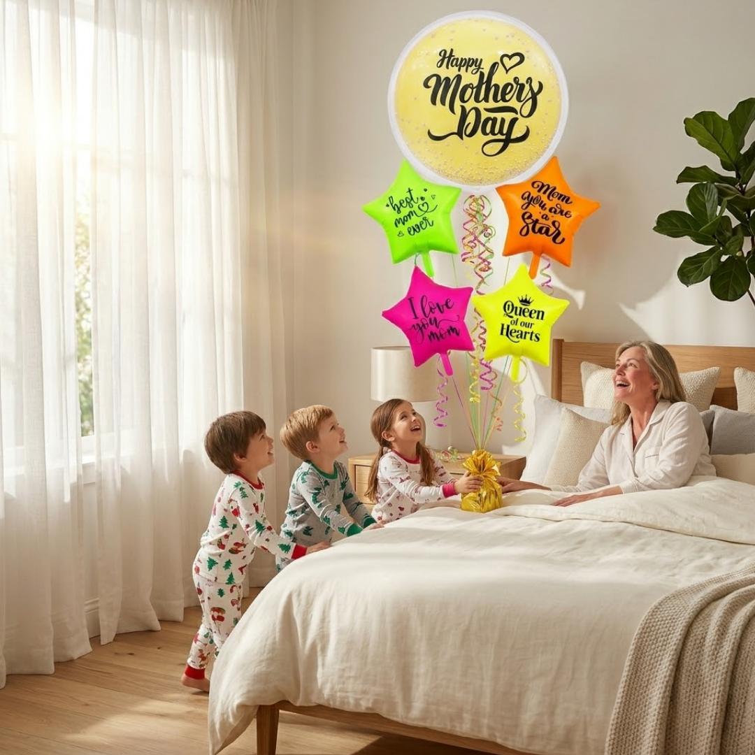Happy Mother's Day Round Large Helium Fillled Ballon Bouquet Arrnagement with special messages printed on UV/Neon Star Ballloons