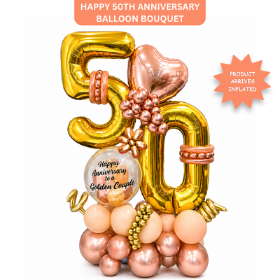 50th Anniversary Balloon Bouquet with Rose Gold Heart and Message for the Golden Couple | Air Filled and Delivers Inflated