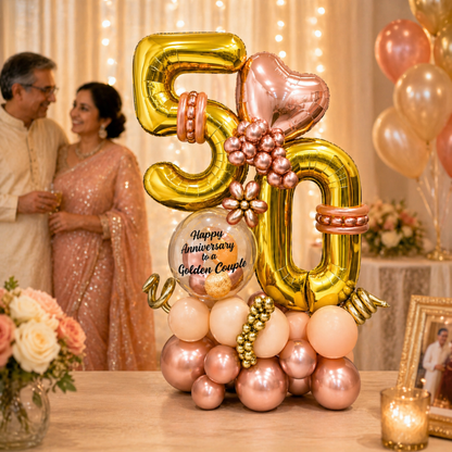 50th Anniversary Balloon Bouquet with Rose Gold Heart and Message for the Golden Couple | Air Filled and Delivers Inflated