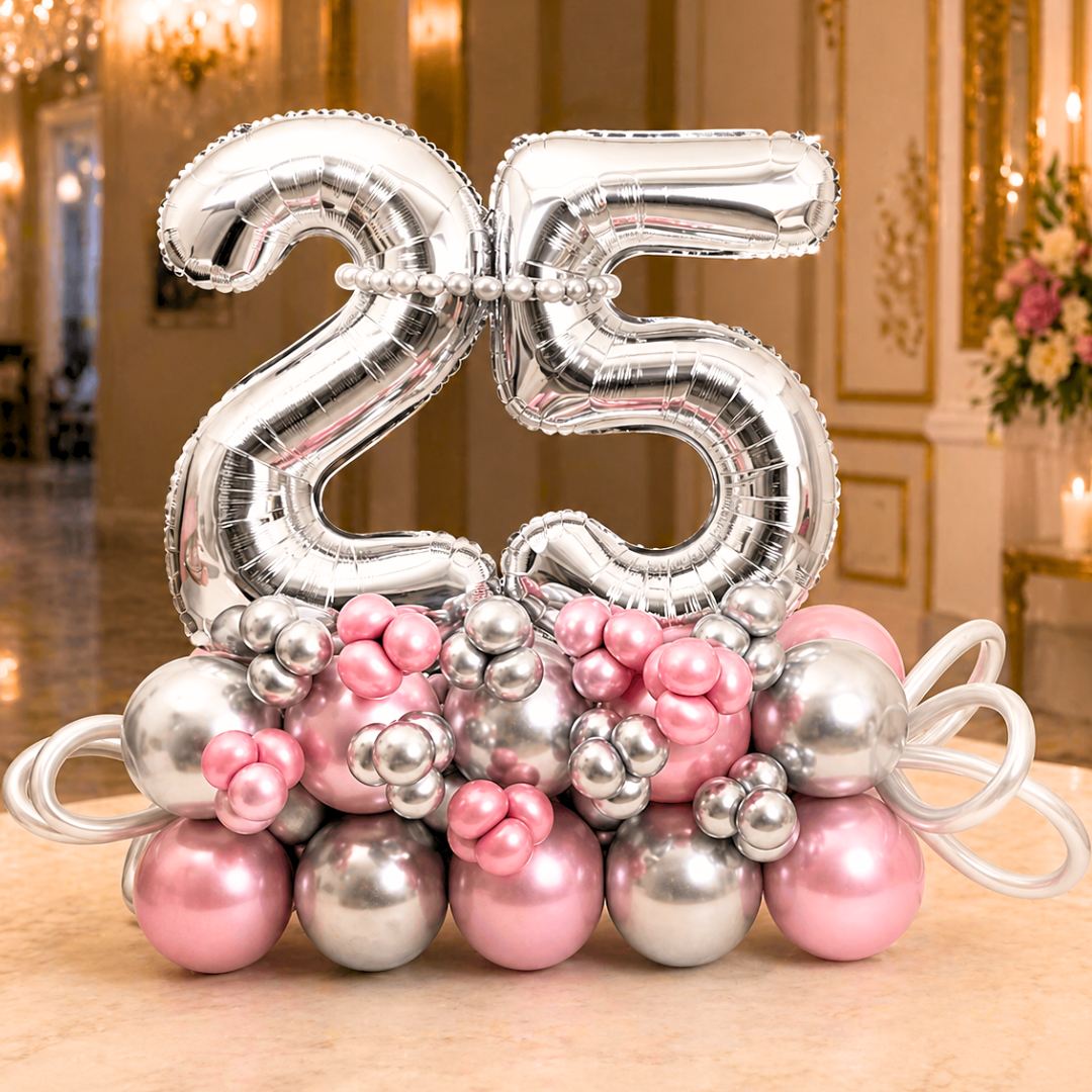 25th Birthday Silver & Pink Customization Balloon Bouquet | Air Filled and Delivers Inflated