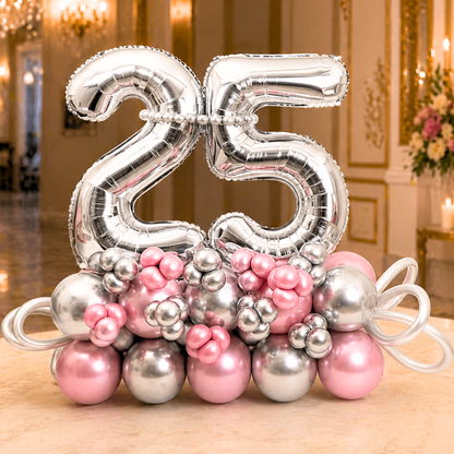 25th Birthday Silver & Pink Customization Balloon Bouquet | Air Filled and Delivers Inflated