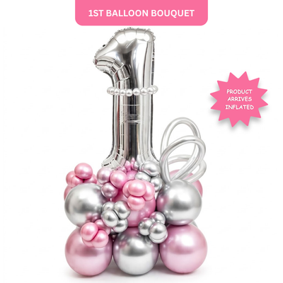1st Birthday Customization Balloon Bouquet Silver & Pink | Air Filled and Delivers Inflated