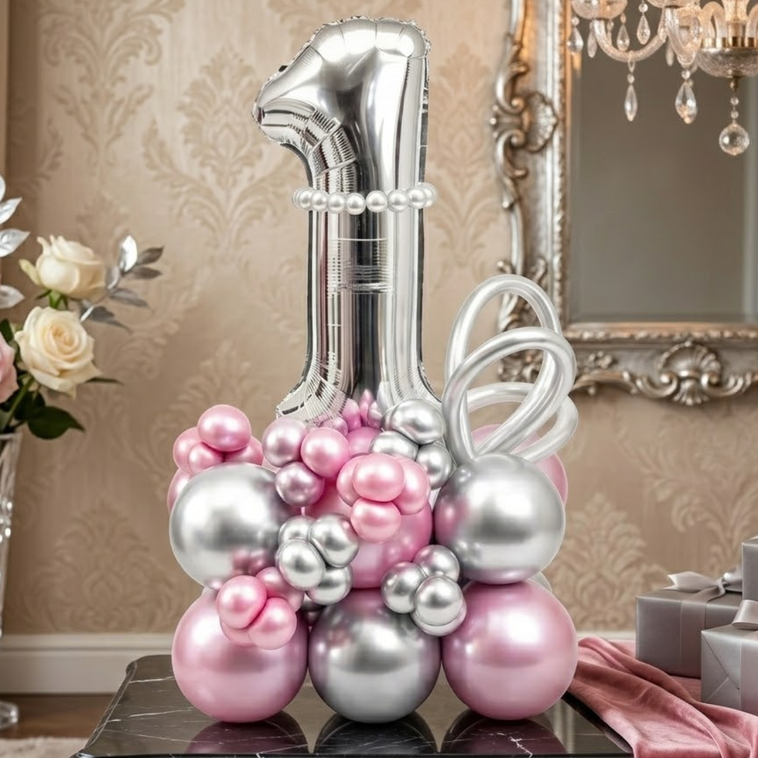 1st Birthday Customization Balloon Bouquet Silver & Pink | Air Filled and Delivers Inflated