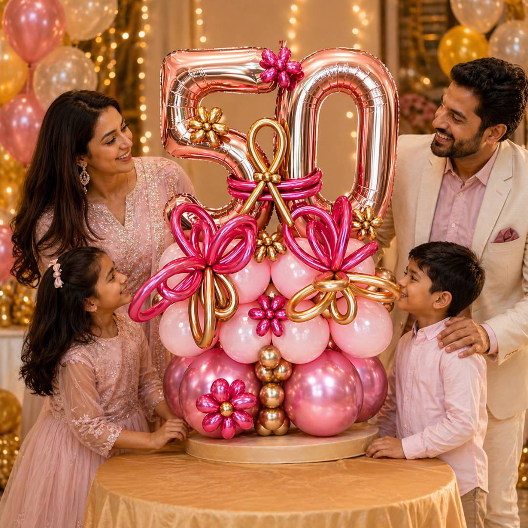 WOW 50th Birthday Rose Gold Balloon Bouquet