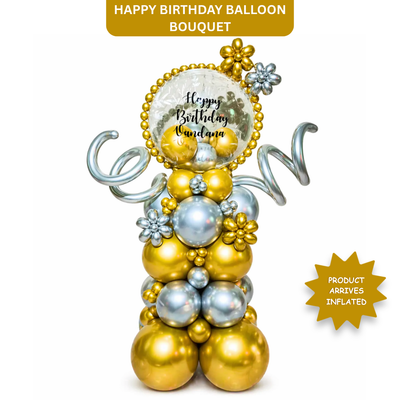 Customized Happy Birthday Baloon Bouquet with Golden and Silver Balloons and Customized Name Sticker | Air Filled & Delivers Inflated