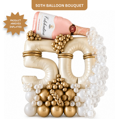 50th Birthday Apricot Color Foil Balloon Bouquet with PInk Champagne Bottle | Pre-inflated and Delivered
