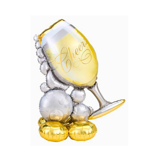 Bubbly Champagne Glass Foil Ballon w/ Silver, Black & Golden Balloon Set - Helium Quality - 55 inches - 1PC