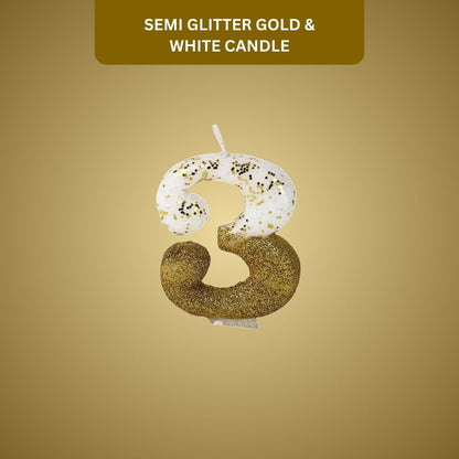 Number 3 Semi Glitter Gold & White Candle - 1PC