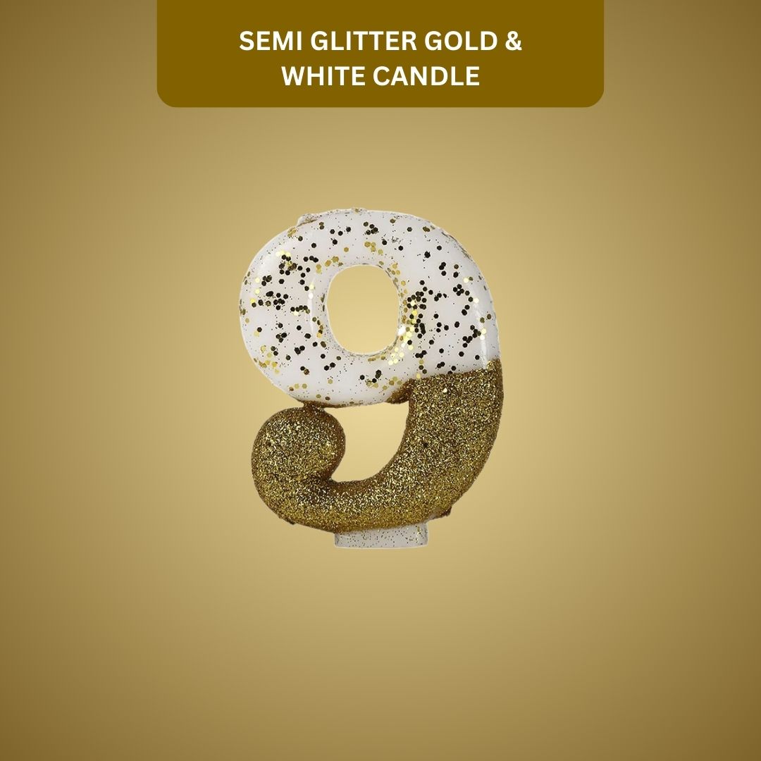 Number 9 Semi Glitter Gold & White Candle - 1PC