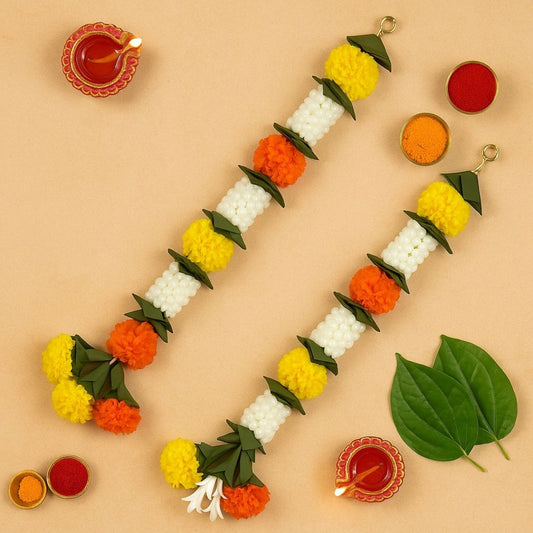 Artificial Orange & Yellow Marigold Flower with White Mogra and Folded Mango Leaves - 2PC
