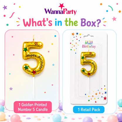 Golden Color Happy Birthday Printed Candle Number 5