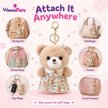 Teddy Bear Plush Keychain, Cute Soft Bear Bag Charm with Floral Dress | Gold Metal Chain, Backpack, Handbag, Keys, Birthday Return Gift & Party Favor – 1PC