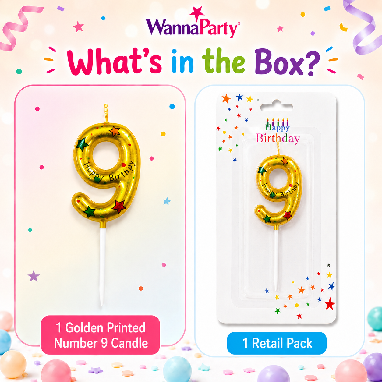 Golden Color Happy Birthday Printed Candle Number 9