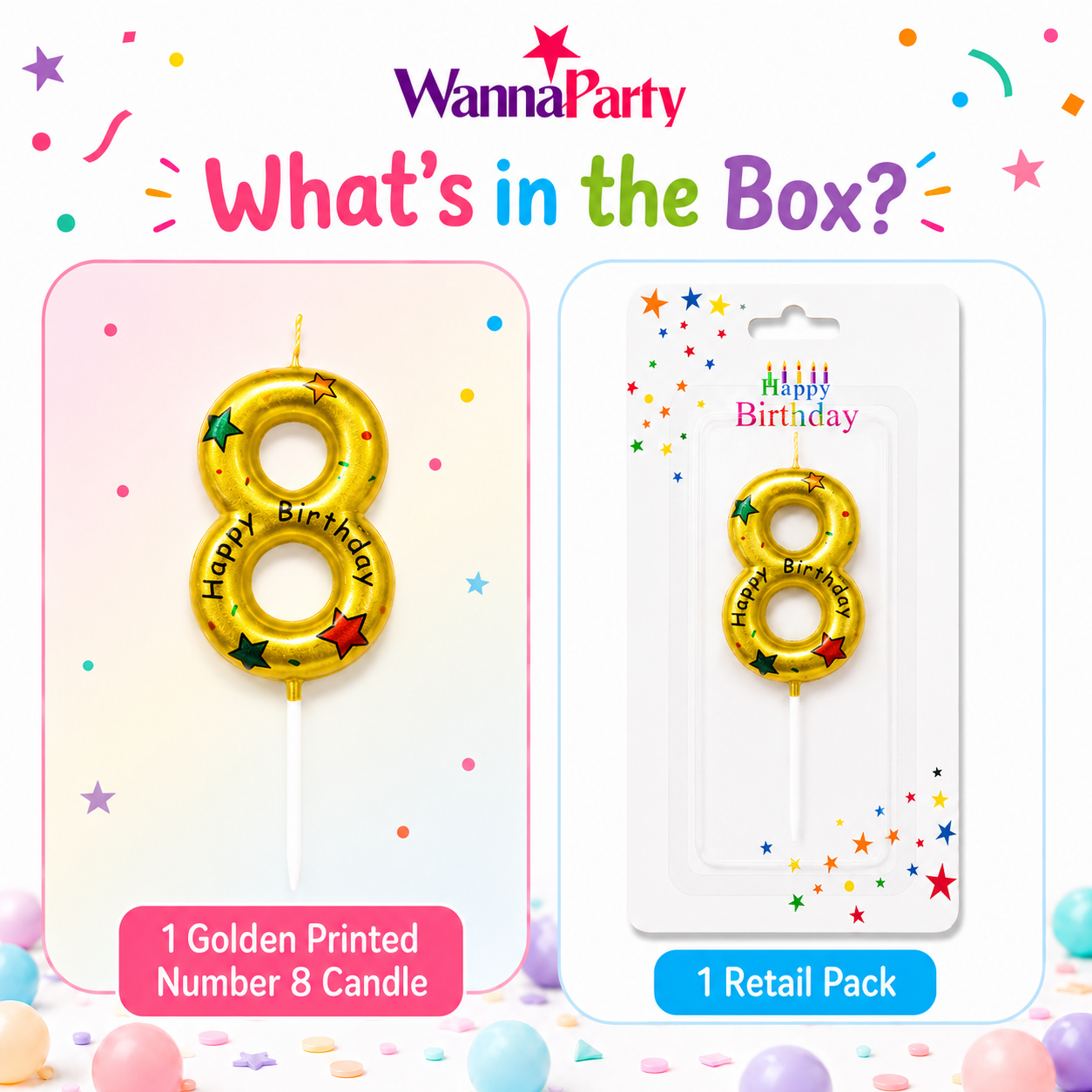 Golden Color Happy Birthday Printed Candle Number 8