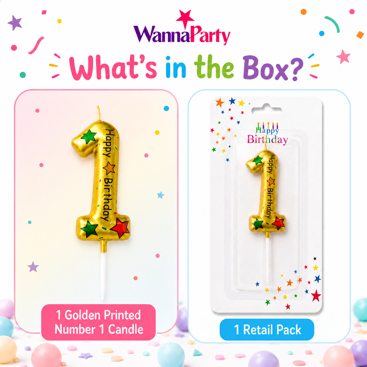 Golden Color Happy Birthday Printed Candle Number 1