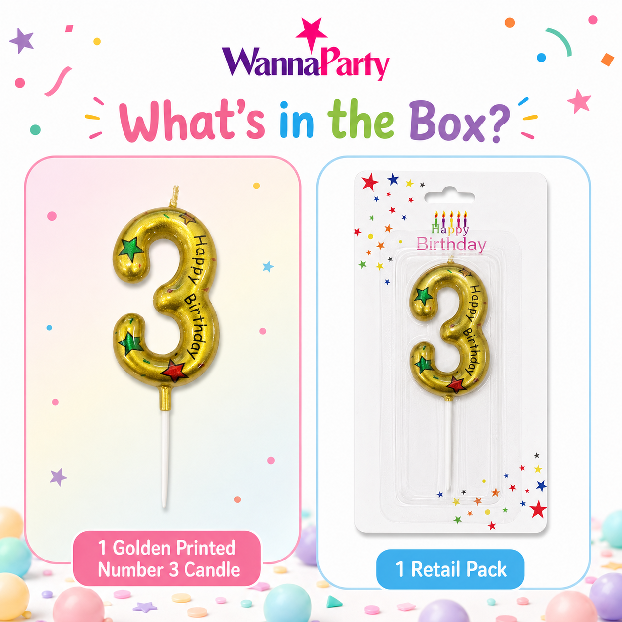 Golden Color Happy Birthday Printed Candle Number 3