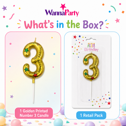 Golden Color Happy Birthday Printed Candle Number 3