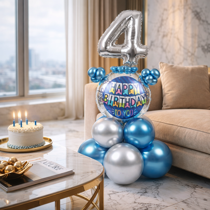 Designer Blue & Silver Balloon Bouquet Arrangement for 4th Birthday