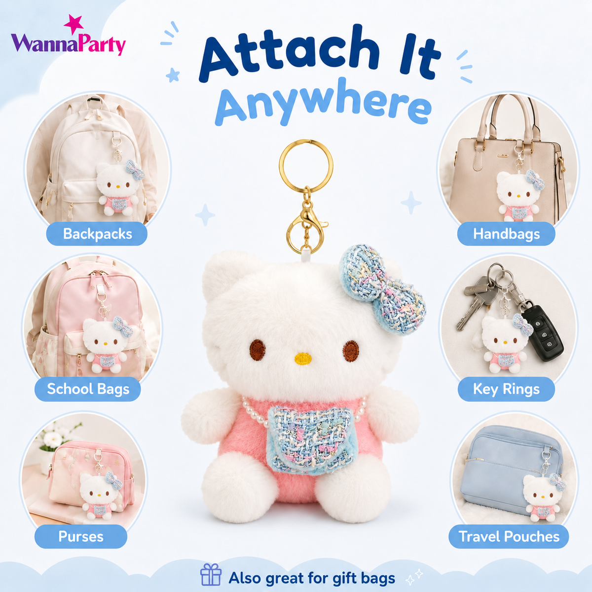 Hello Kitty Pink Plushy Keychain - Kawaii Bag Charm | Wanna Party - Image 5