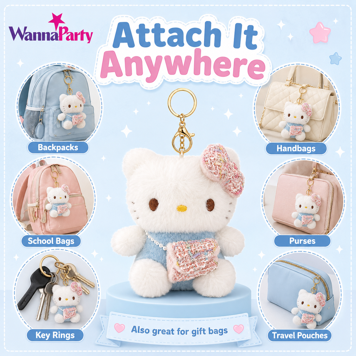 Hello Kitty Blue Plushy Toy Key Chain - 1PC