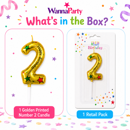 Golden Color Happy Birthday Printed Candle Number 2