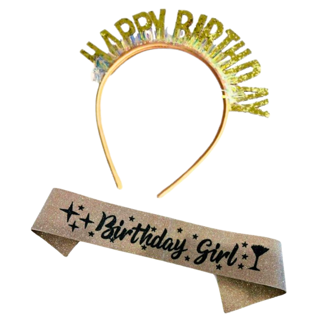 Birthday Girl Sash And Crown Headband - Pack of 2 Pcs