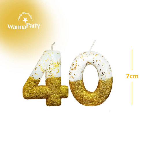 No. 40th Birthday Candle Gold & White w/ Glitter Dust - 1PC