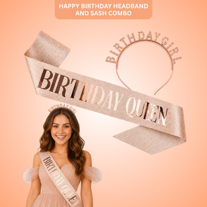 Happy Birthday Tiara Headband with Birthday Queen Sash Combo -... - Wanna Party - front
