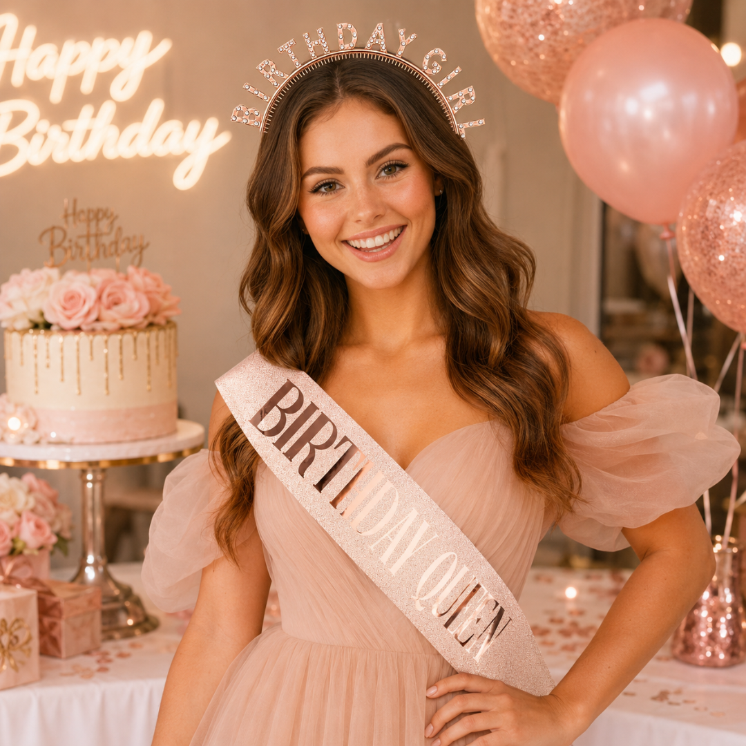Happy Birthday Tiara Headband with Birthday Queen Sash Combo -... - Wanna Party - group