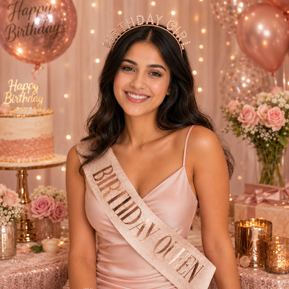 Happy Birthday Tiara Headband with Birthday Queen Sash Combo -... - Wanna Party - flat