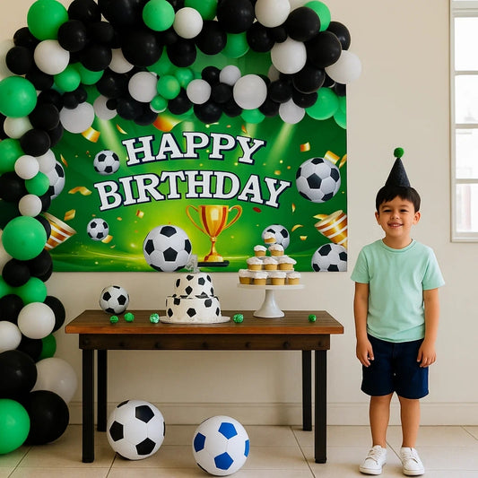Happy Birthday Soccer Banner w/ Green & Black Latex/ Rubber Balloons - 4FT x 2FT - 1PC