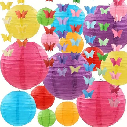 Pack of 7 Vibrant Paper Lanterns & Butterfly Decoration Set