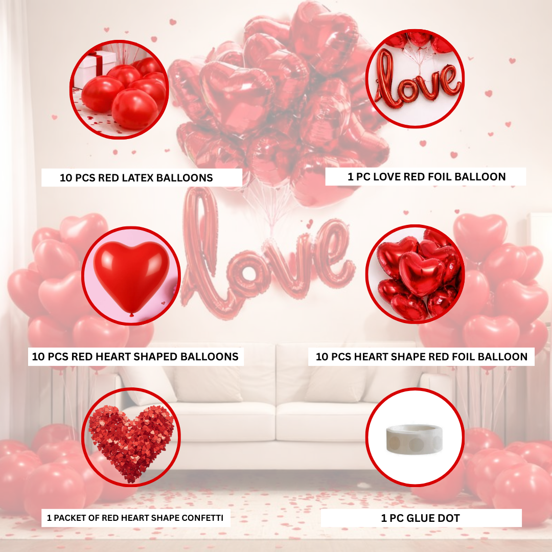 Love is in the Air Kit with Love Foil Balloon, Heart Balloons & Confetti - Set of 33PC