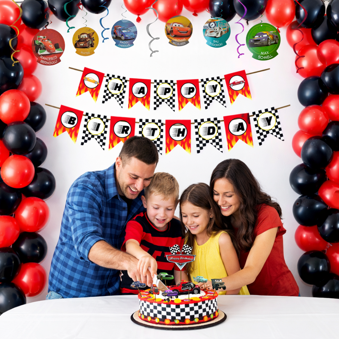 Racing Car Theme Birthday Decoration Combo Kit with Banner, Ballooons, Swirls & Cake Topper