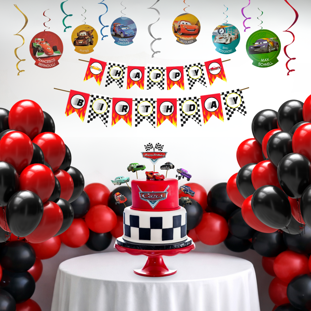 Racing Car Theme Birthday Decoration Combo Kit with Banner, Ballooons, Swirls & Cake Topper