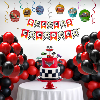 Racing Car Theme Birthday Decoration Combo Kit with Banner, Ballooons, Swirls & Cake Topper