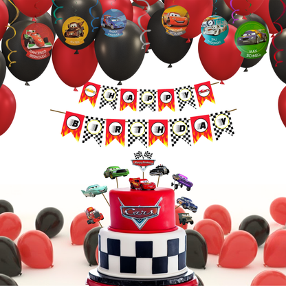 Racing Car Theme Birthday Decoration Combo Kit with Banner, Ballooons, Swirls & Cake Topper
