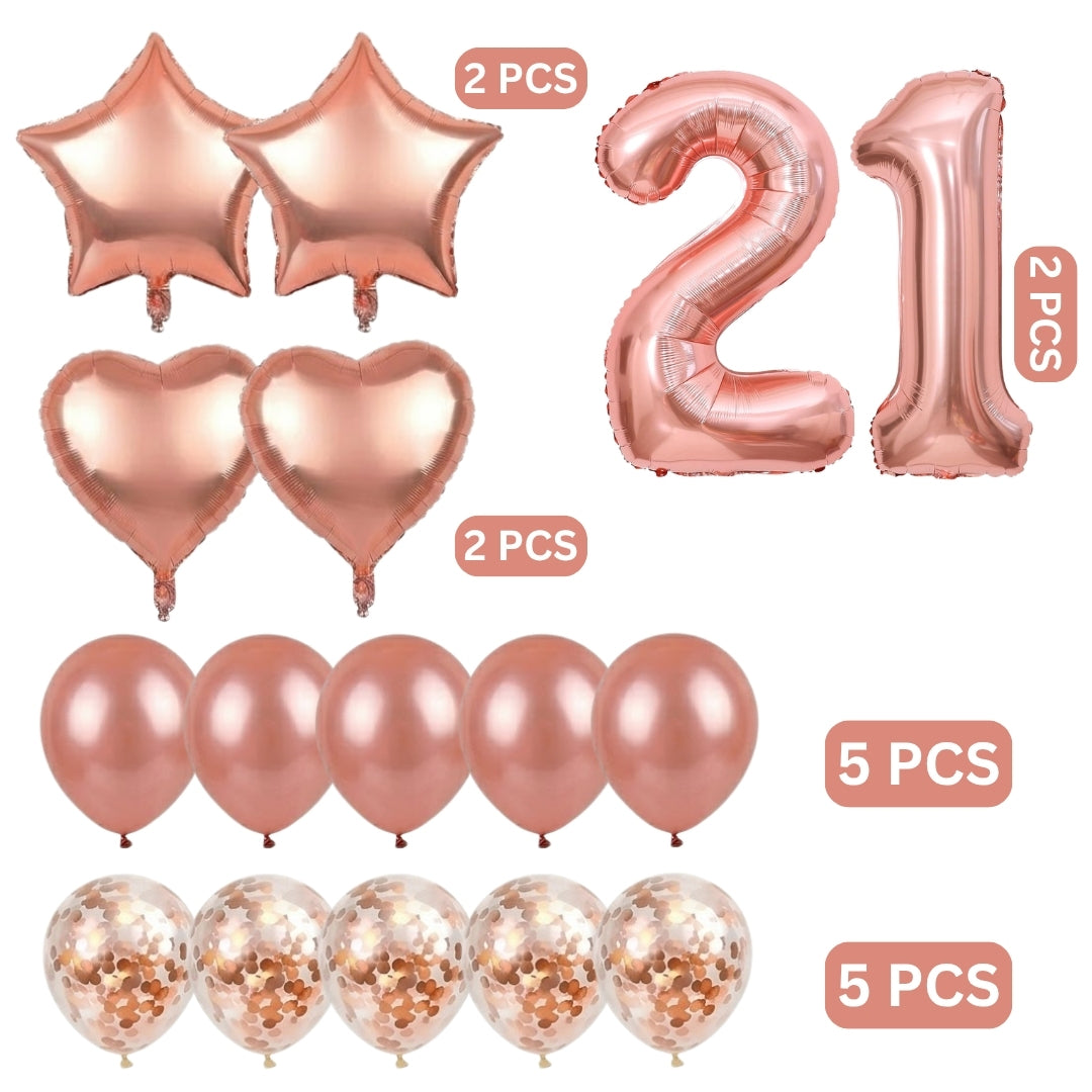 Rose Gold Number 21 Balloon Set - 40 Inch -16 Pcs