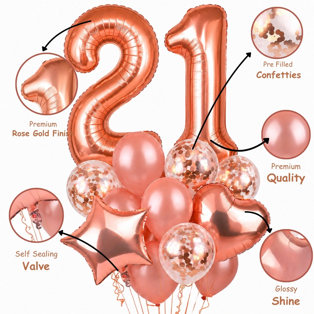 Rose Gold Number 21 Balloon Set - 40 Inch -16 Pcs