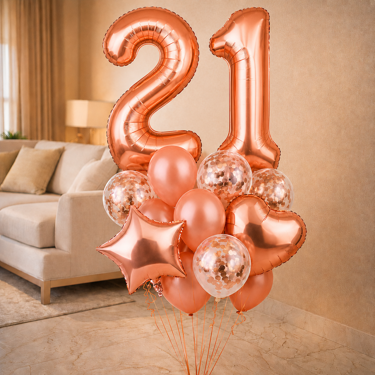 Rose Gold Number 21 Balloon Set - 40 Inch -16 Pcs