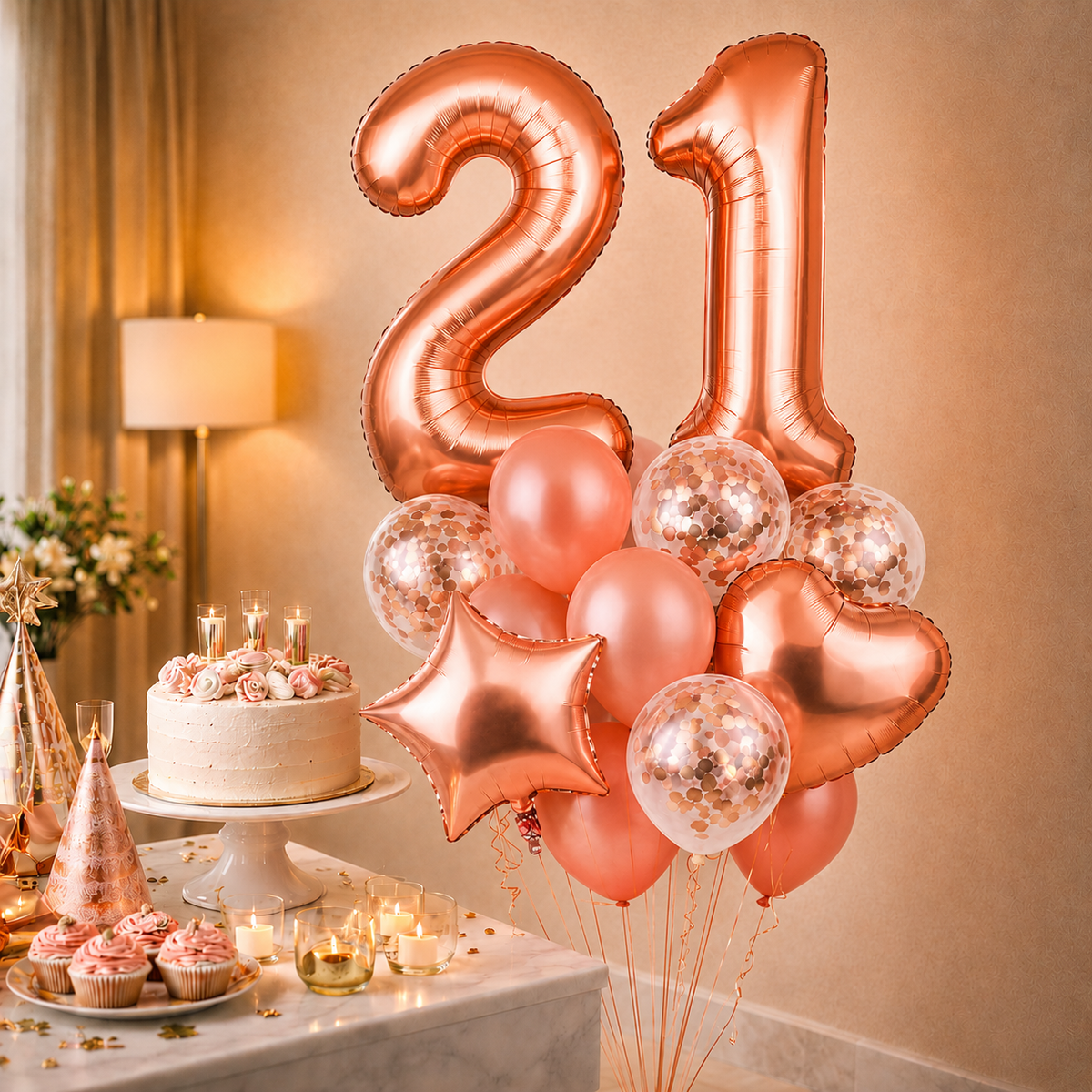 Rose Gold Number 21 Balloon Set - 40 Inch -16 Pcs