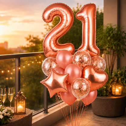 Rose Gold Number 21 Balloon Set - 40 Inch -16 Pcs