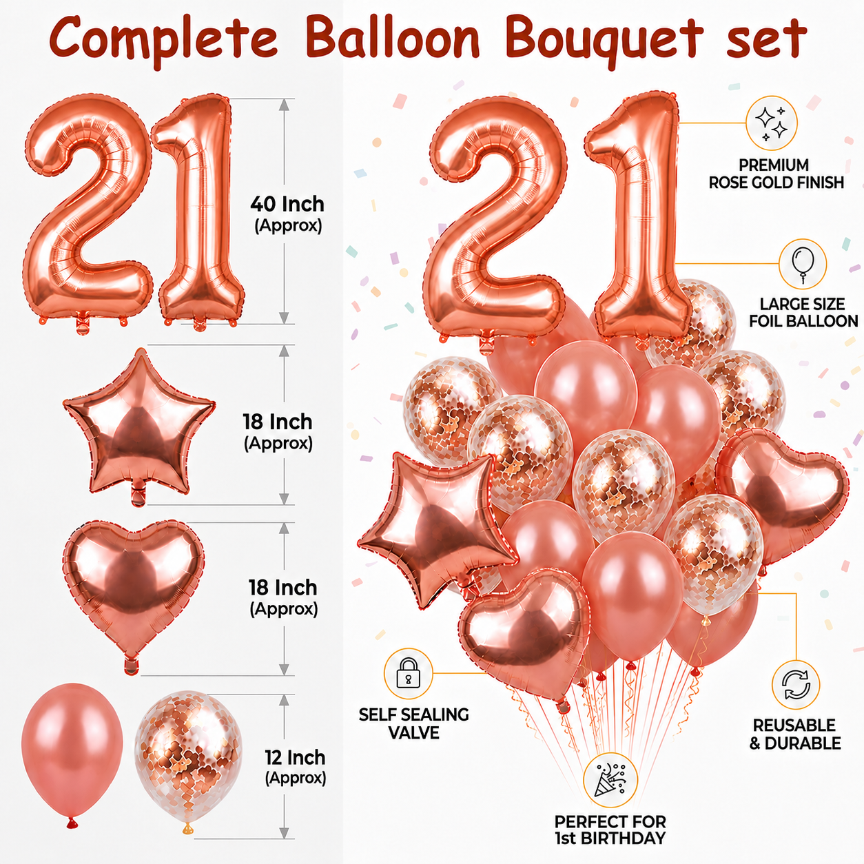 Rose Gold Number 21 Balloon Set - 40 Inch -16 Pcs