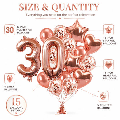 Giant Rose Gold No. 30 Foil & Latex Balloon Set - 16 PCS