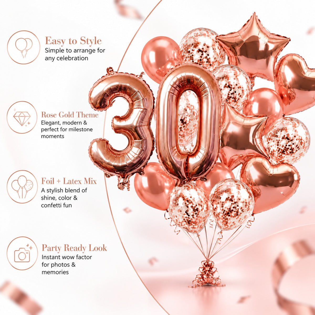 Giant Rose Gold No. 30 Foil & Latex Balloon Set - 16 PCS