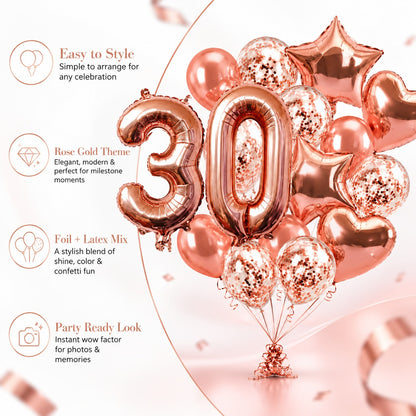 Giant Rose Gold No. 30 Foil & Latex Balloon Set - 16 PCS