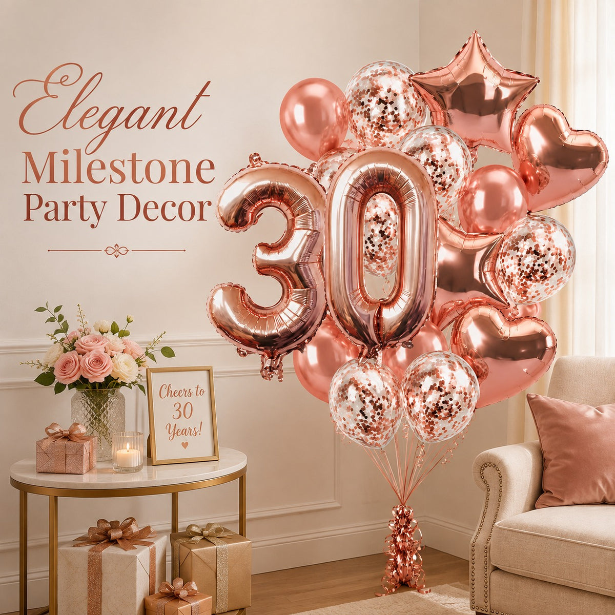 Giant Rose Gold No. 30 Foil & Latex Balloon Set - 16 PCS